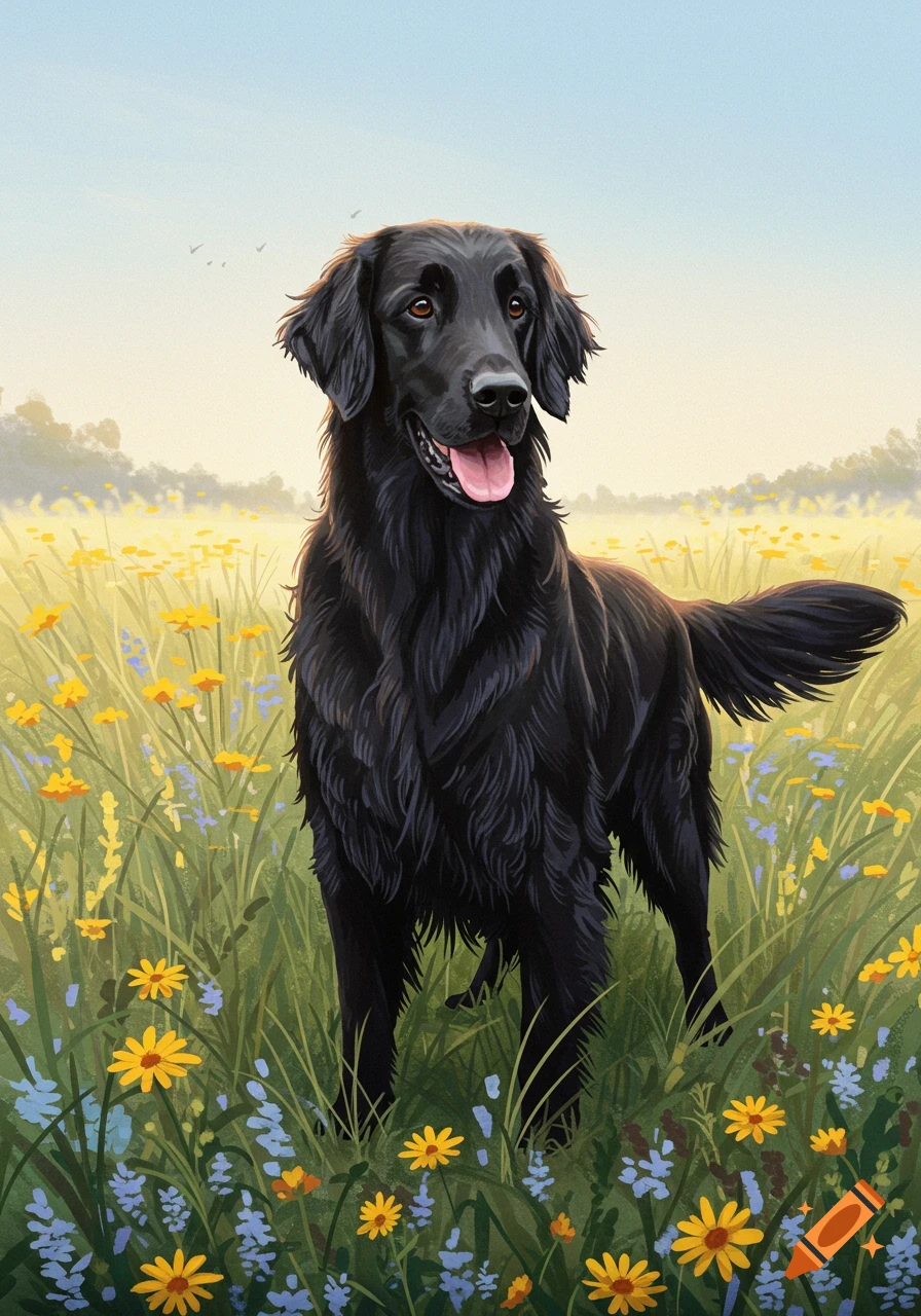 A black flat-coated retriever stands in a field of yellow and blue wildflowers under a bright sky, in an illustrative style.