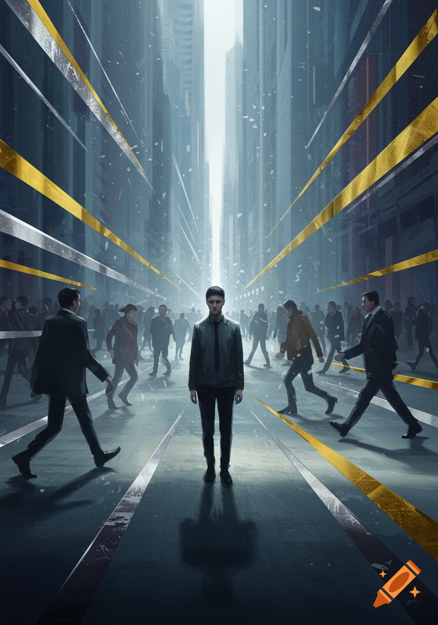 A lone man stands in a busy, stylized city street with abstract golden and silver lines, surrounded by blurred figures walking past. Digital illustration.