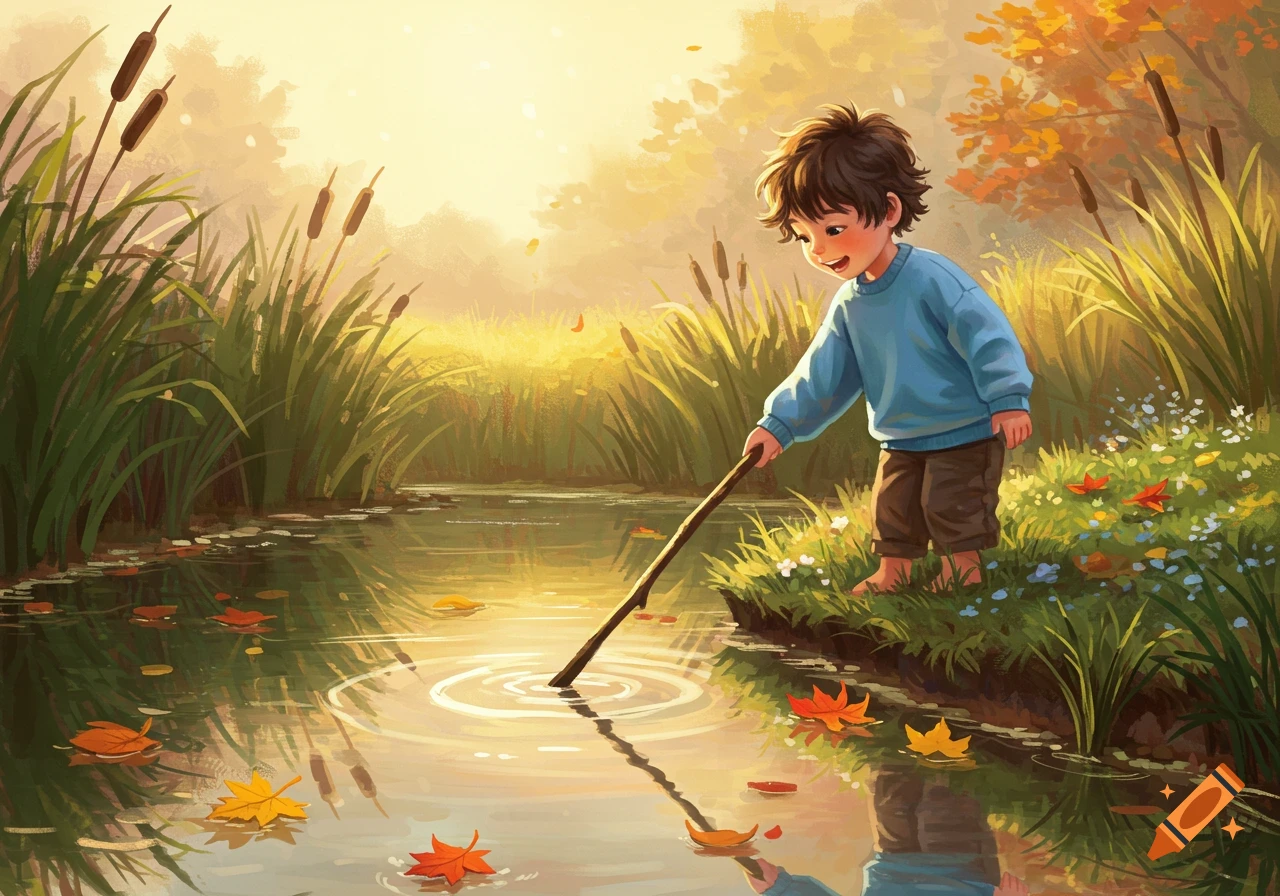 Illustrative painting of a happy boy poking a stick into a pond with autumn leaves and reeds.