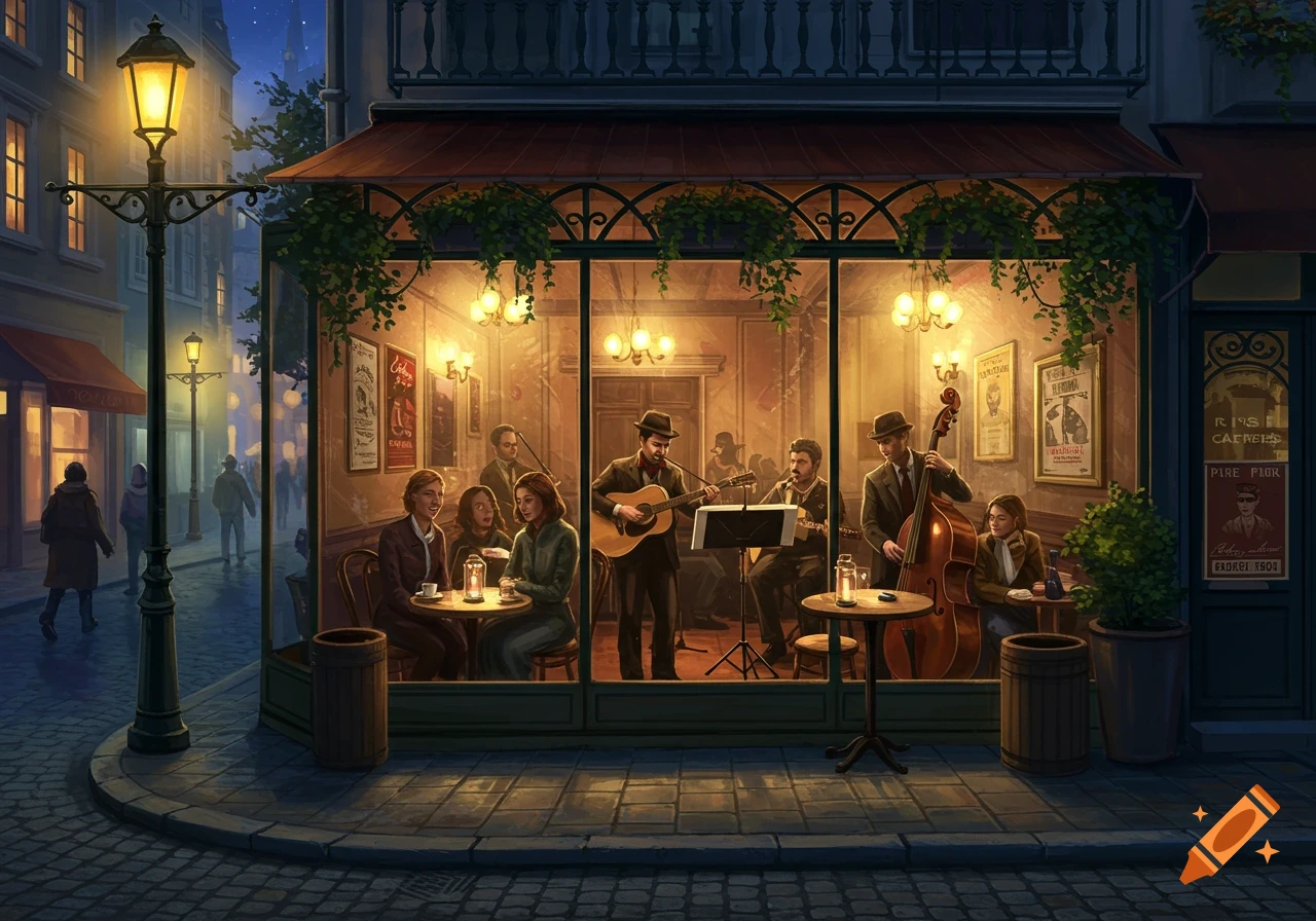 A stylized illustration of a lively jazz cafe on a cobblestone street at night, with musicians playing inside and patrons enjoying the music.