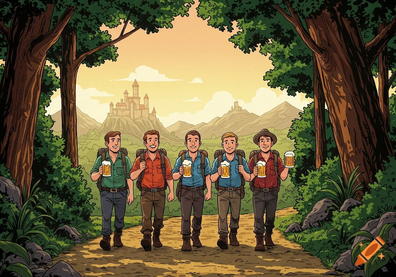 Five male hikers with beer steins walk on a forest path toward a castle in comic art style.