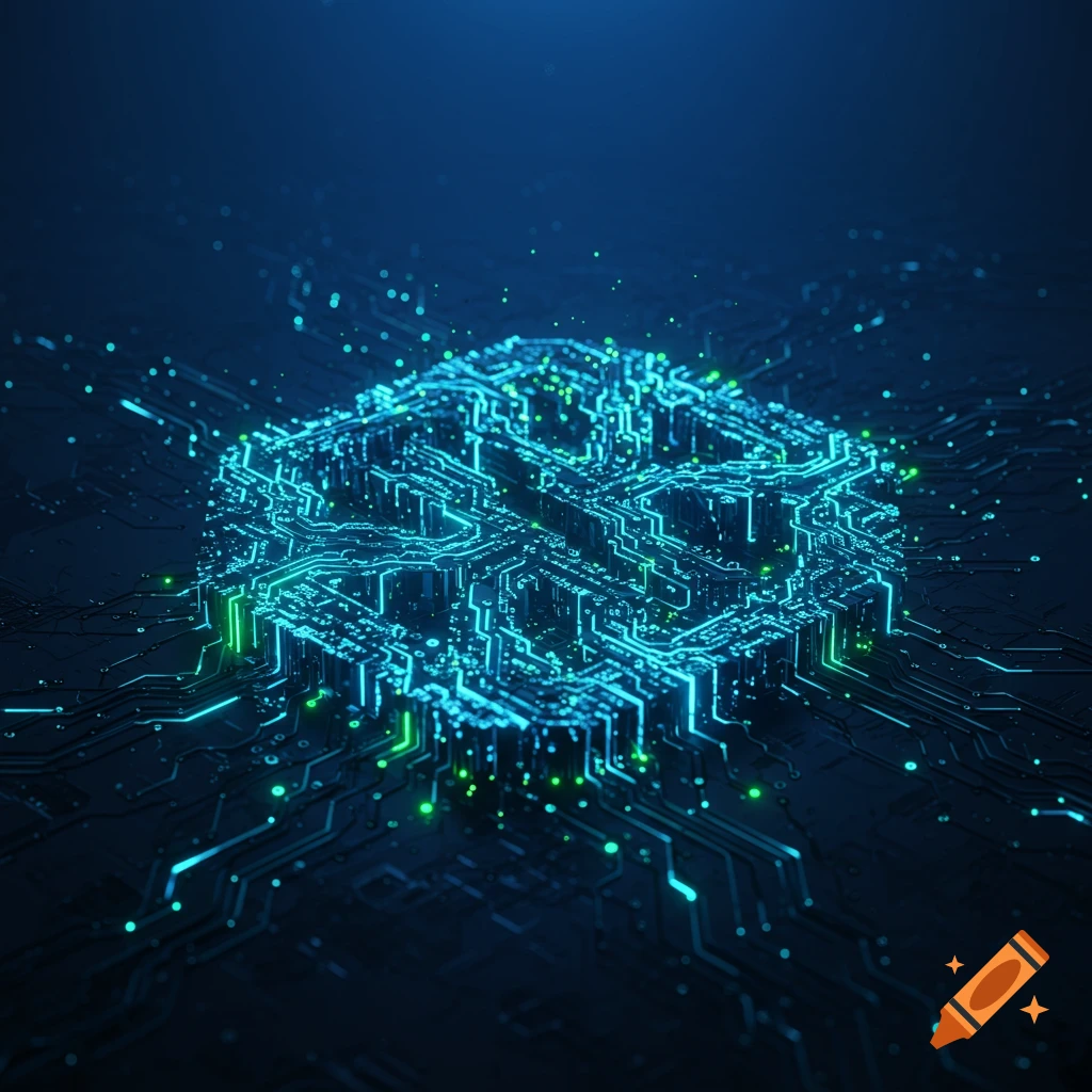 A glowing blue and green hexagonal circuit board pattern on a dark background, representing AI or technology.