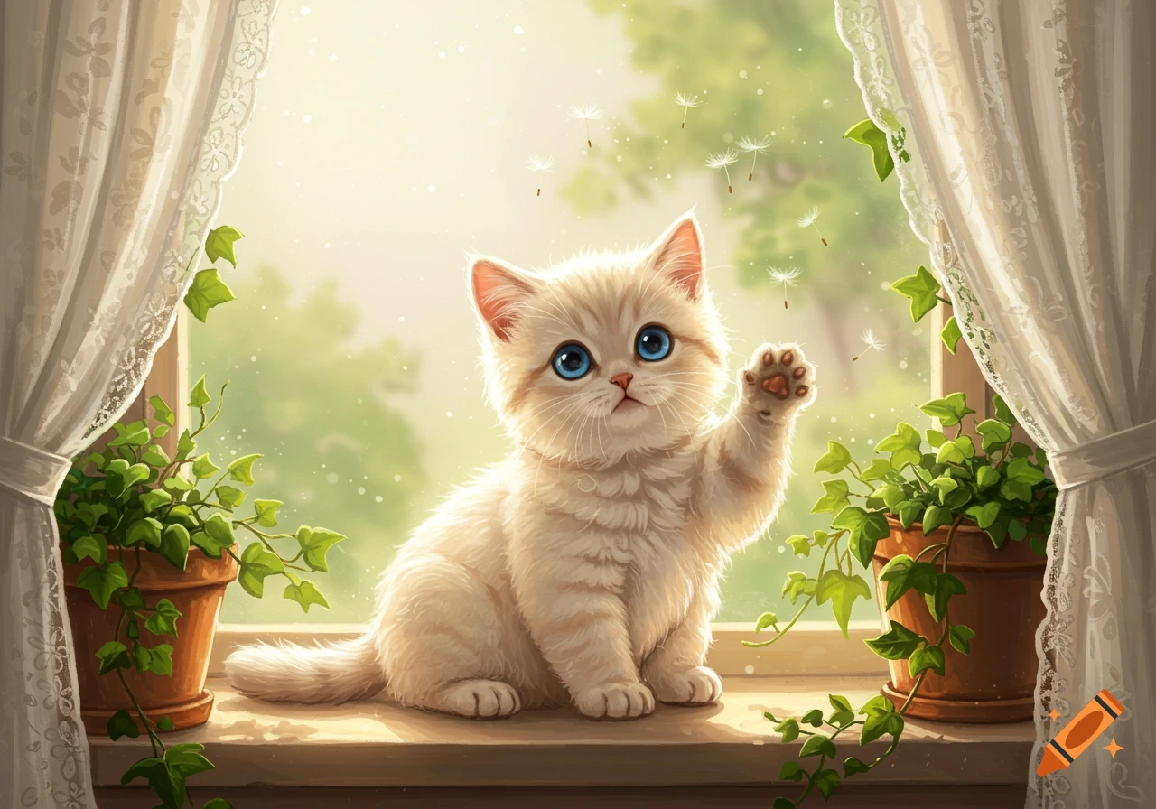 A fluffy cream kitten with blue eyes sits on a sunlit windowsill, paw raised, with lace curtains, potted ivy, and floating dandelion seeds.