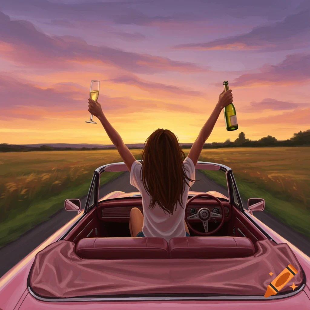Illustration of a woman in a pink convertible, arms raised with champagne glass and bottle, driving into a vibrant sunset.
