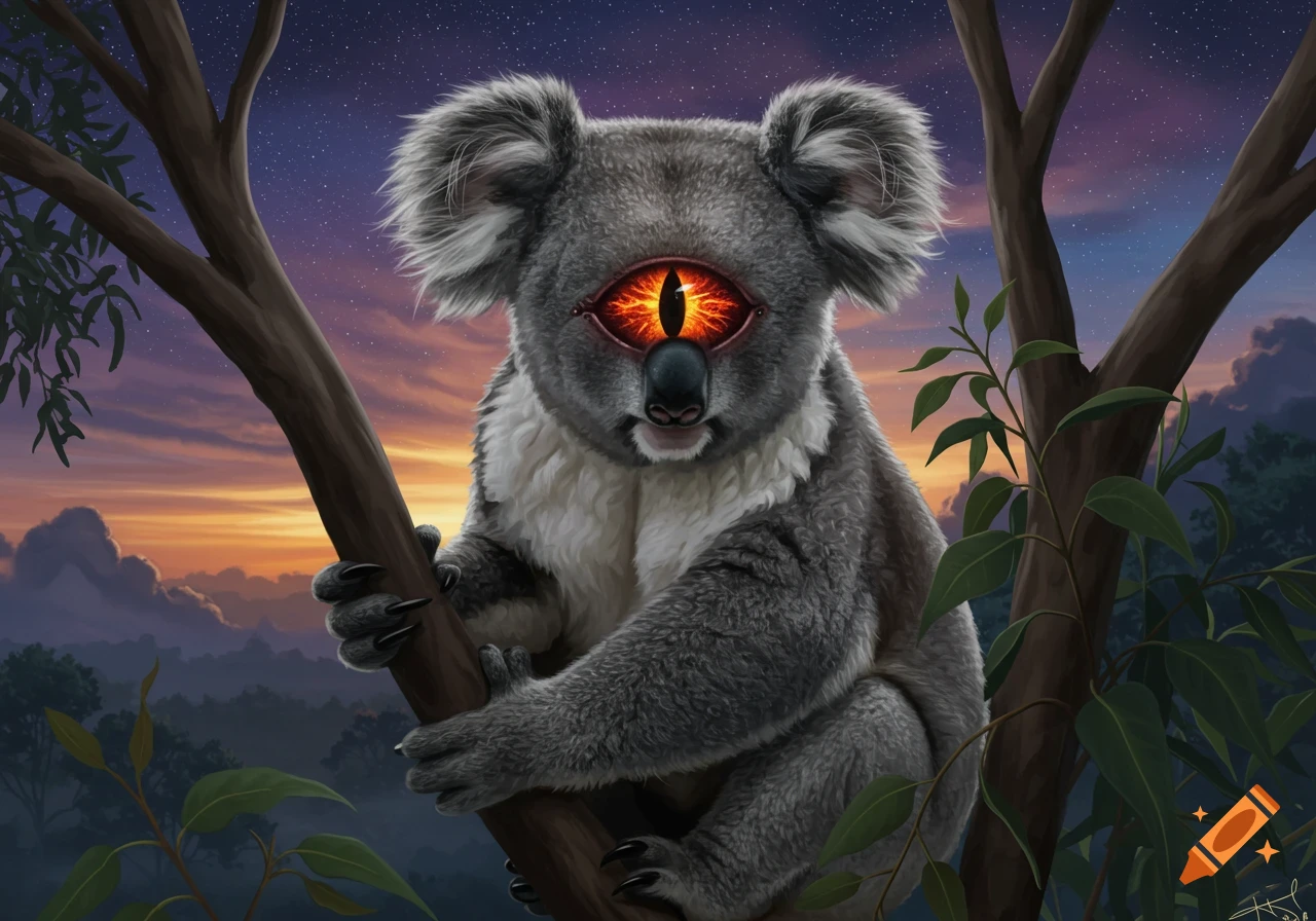 A digital painting of a koala with a single fiery, cyclopean eye, sitting in a tree against a twilight sky.