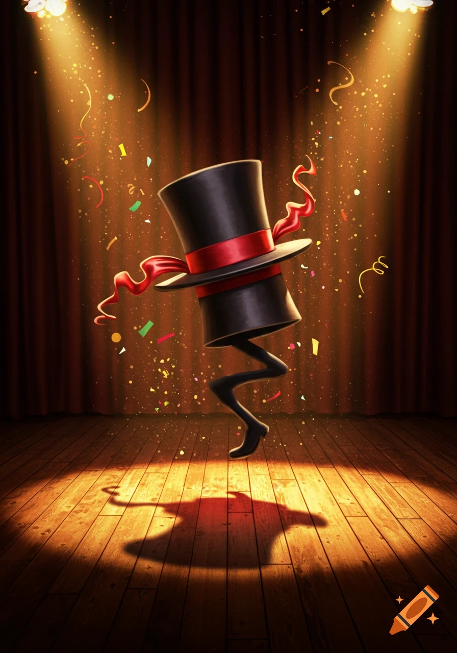 A whimsical black top hat with red ribbon and cartoon legs dances on a spotlighted wooden stage with confetti falling.