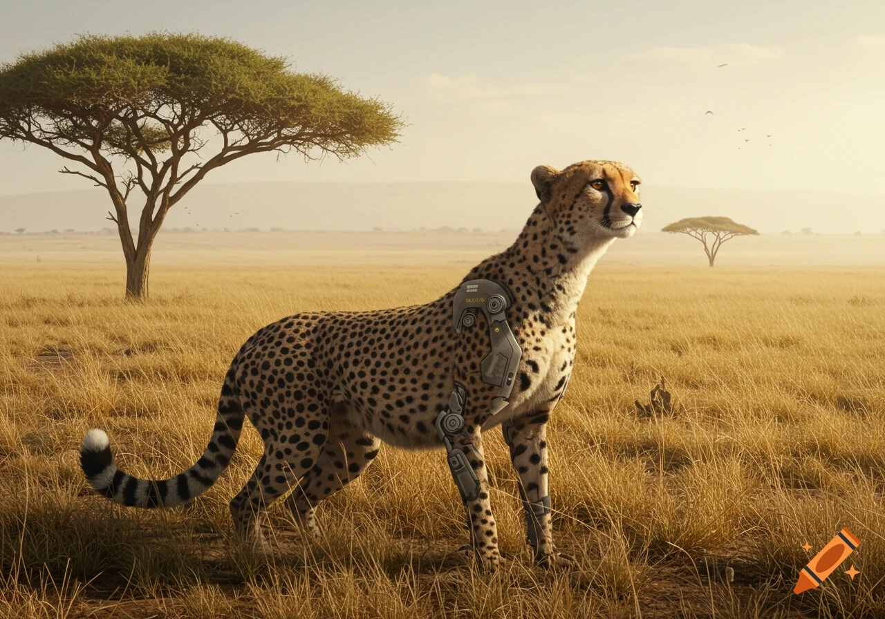 A photorealistic cheetah with gray robotic leg and shoulder components stands in a sunlit savanna with acacia trees.