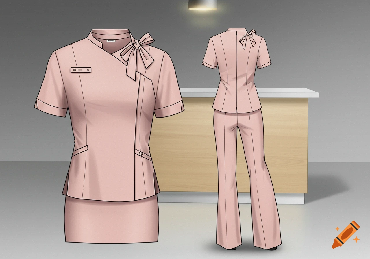 Illustration of a pink front desk uniform, showing a top with a skirt (front view) and a top with wide pants (back view).