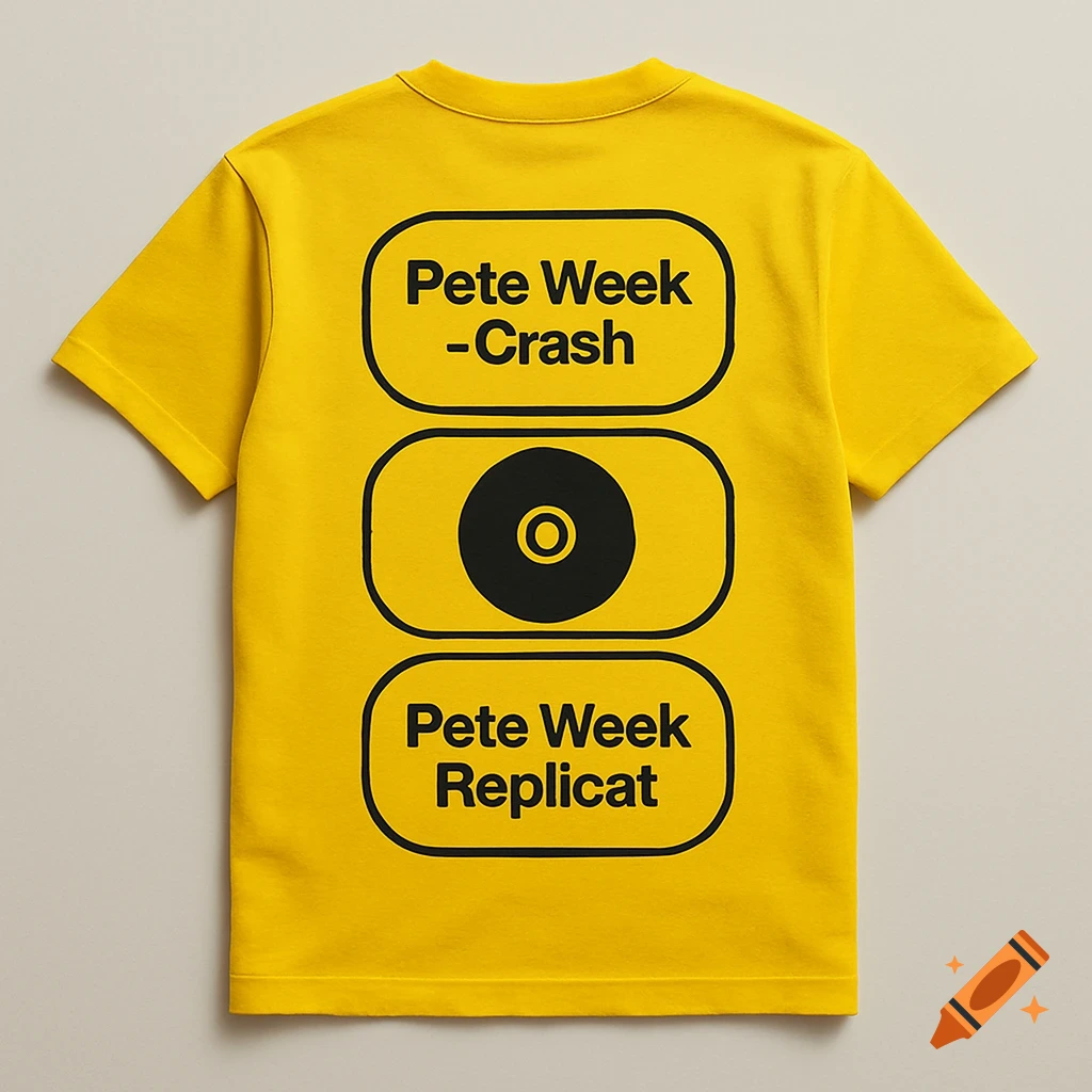 A yellow t-shirt with black text in rounded rectangles on the back. The text reads 'Pete Week -Crash' and 'Pete Week Replicat', with a CD icon in the middle.