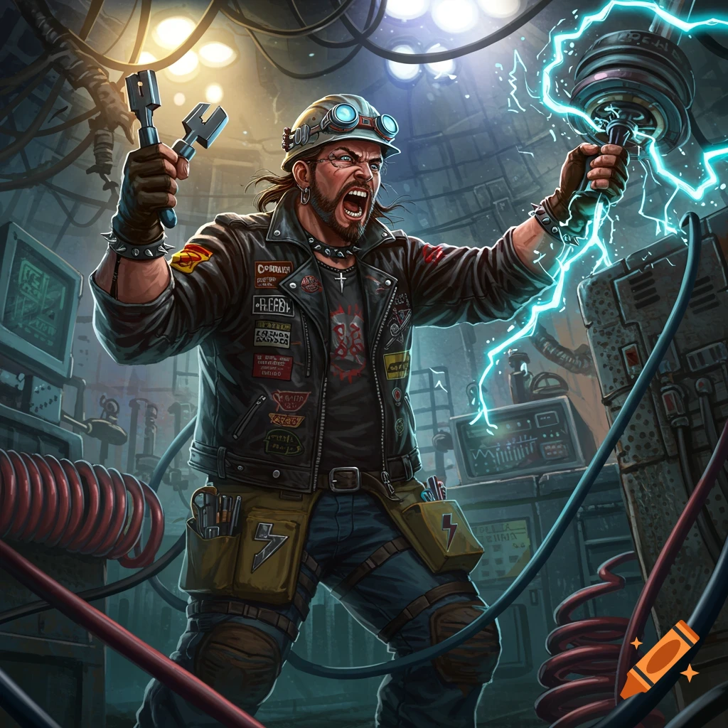 A hard rock electrician in a workshop, wearing a helmet and leather jacket, with electricity sparking from a tool.