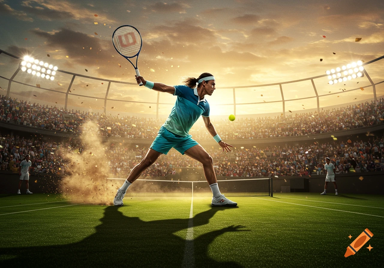 A male tennis player in blue and green attire lunges for a tennis ball on a green court in a brightly lit stadium at sunset, kicking up dust.