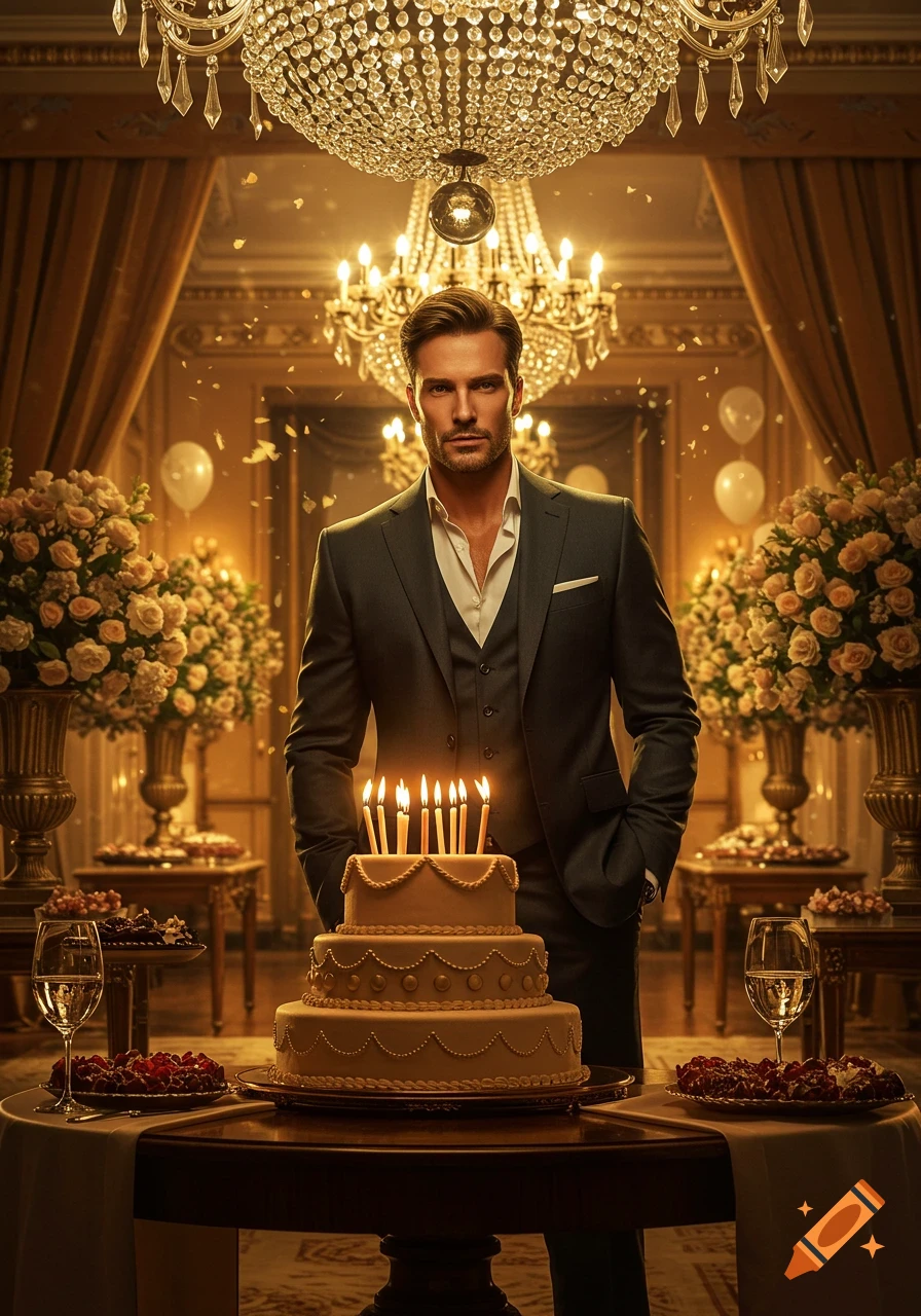 A handsome man in a suit stands in an elegant room with chandeliers and flowers, behind a tiered birthday cake with lit candles.