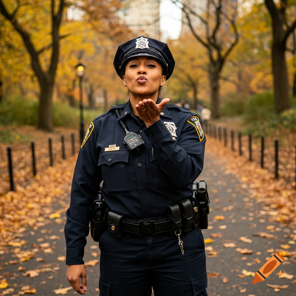 A photorealistic image of a female police officer in uniform blowing a kiss, standing in a park during autumn.