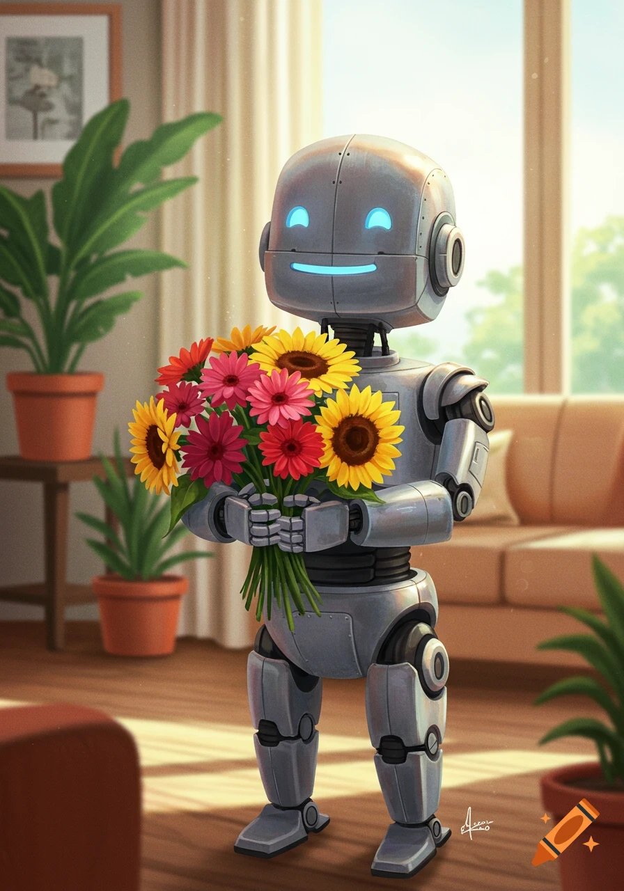 A cute, smiling robot holds a large bouquet of colorful flowers, including sunflowers, in a bright, stylized indoor setting.
