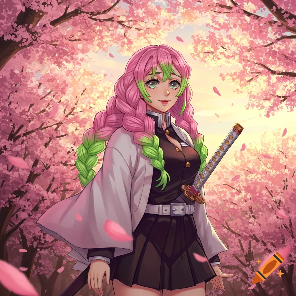An anime girl, Mitsuri Kanroji, with long pink and green braids, wearing a white haori and black uniform, holds a katana amidst pink cherry blossoms at sunset.