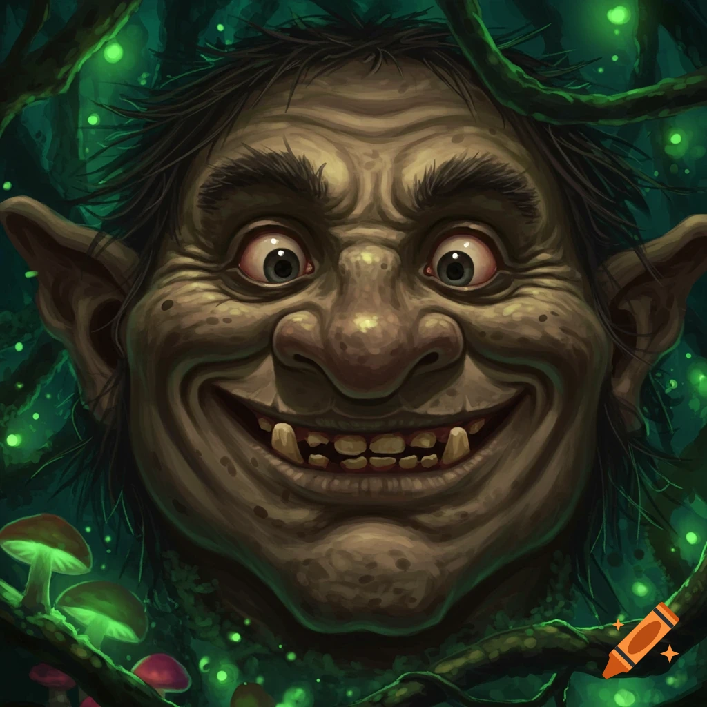Close-up digital illustration of a grotesque, smiling green troll face with prominent teeth, red eyes, surrounded by dark green glowing foliage and mushrooms.
