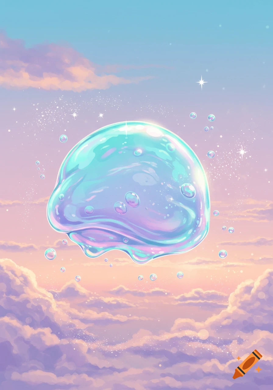 A pearlescent, blue and purple blob-like creature floats in a pastel sky filled with clouds and sparkling stars.