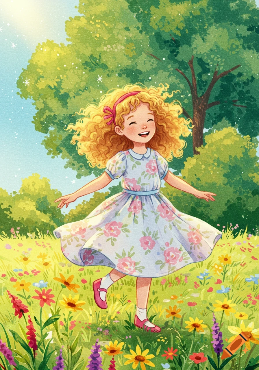 A joyful, curly-haired girl in a floral dress skips through a sunny, flower-filled meadow in a whimsical illustration.