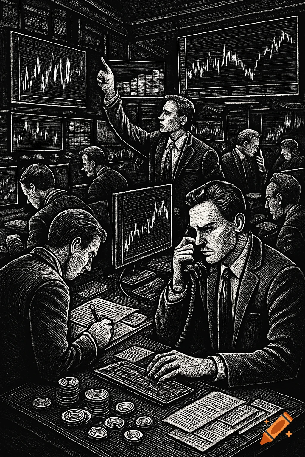 Black and white engraving of traders at a bustling stock exchange, with men in suits looking at charts and making calls.