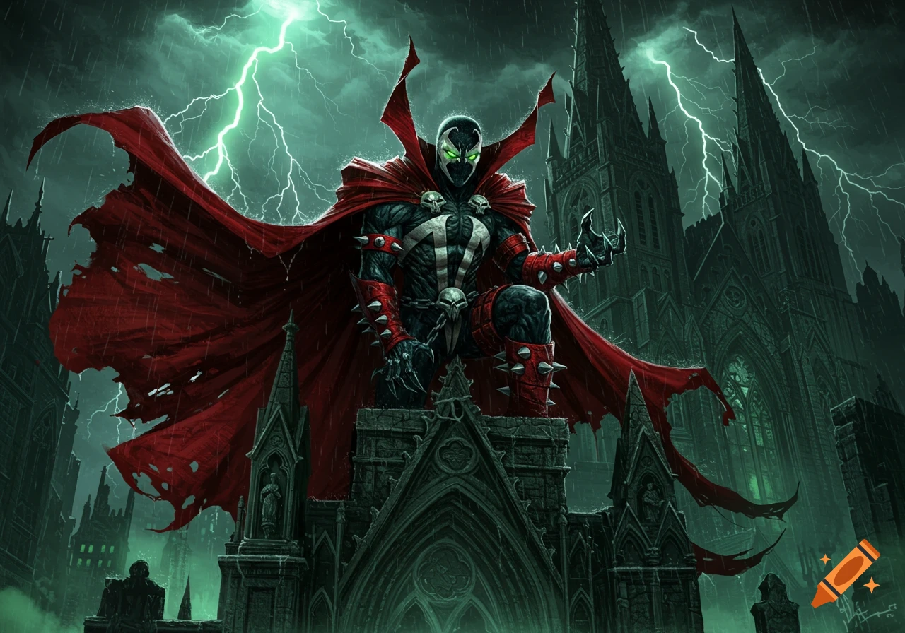 Spawn, a dark superhero with a red tattered cape and glowing green eyes, kneels on a gothic building amidst a stormy, lightning-filled sky.