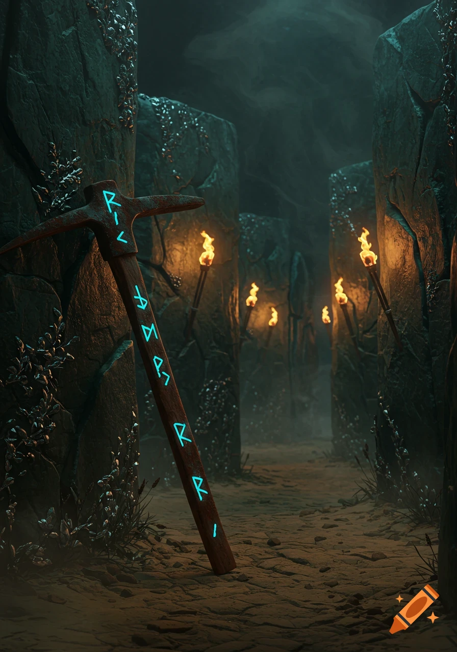 A rusted pickaxe with glowing blue runes leans against a dark rock wall in an eerie labyrinth, lit by torches in the background, fantasy art.