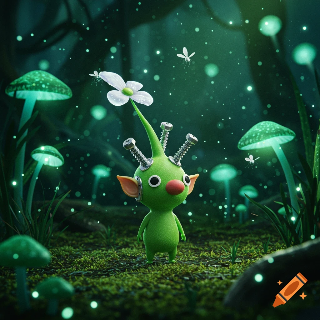A green Pikmin creature with screws and a white flower on its head stands in a dark, glowing fantasy forest.
