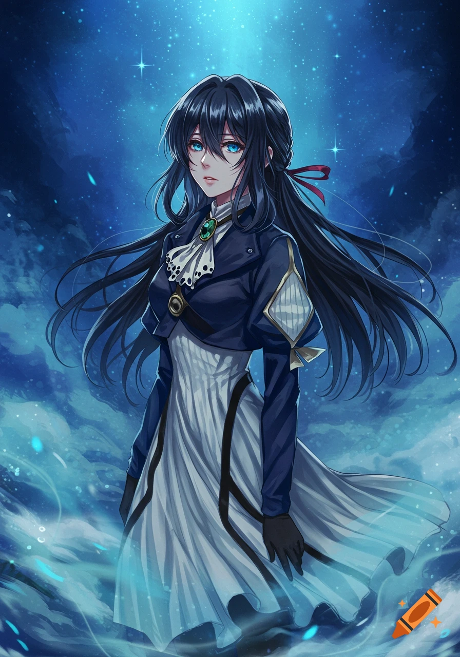 Anime illustration of Violet Evergarden with long black hair, blue eyes, wearing a dark jacket and white dress, against a starry blue sky.