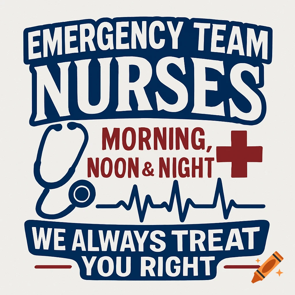 Graphic design for a t-shirt with "Emergency Team Nurses" text, stethoscope, medical cross, and heartbeat line.