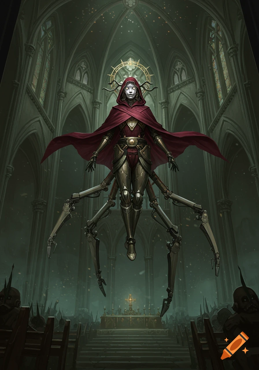 A masked techno-priestess with mechanical spider legs floats in a dark gothic church, wearing a red cape, in a mystical illustration.