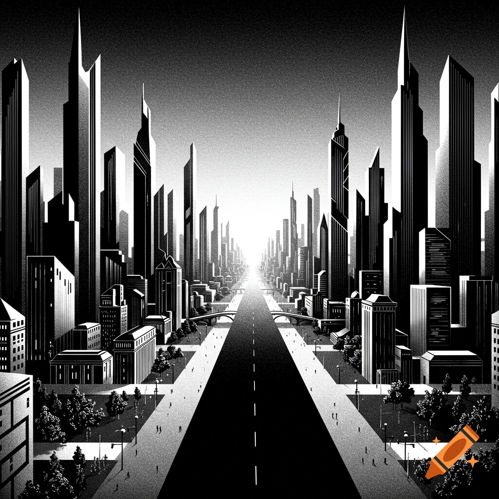 Black and white cityscape with angular buildings lining a wide road leading to a bright horizon.