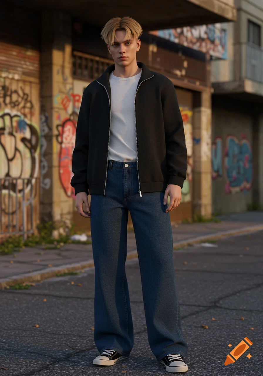A young man with blonde hair, a black zip-up jacket, white t-shirt, and wide-leg jeans stands on a graffiti-covered street.