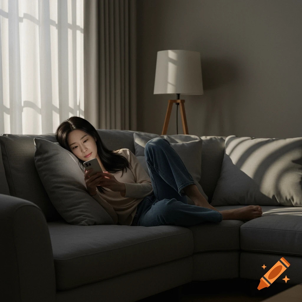 A photorealistic image of a young woman lying on a gray couch in a dimly lit room, looking at her phone.