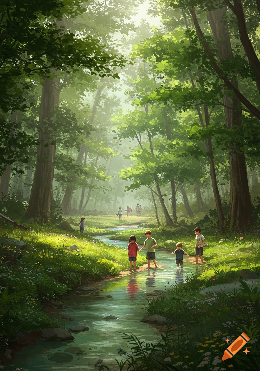 Children wade and play in a sun-dappled stream winding through a lush green forest, in an illustrative style.