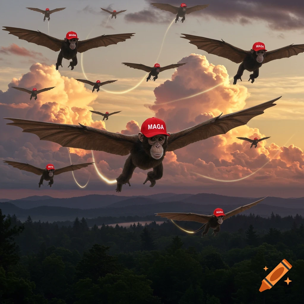 Numerous brown monkeys with large bat wings fly through a cloud-filled sky above a forest, each wearing a red 'MAGA' hat.