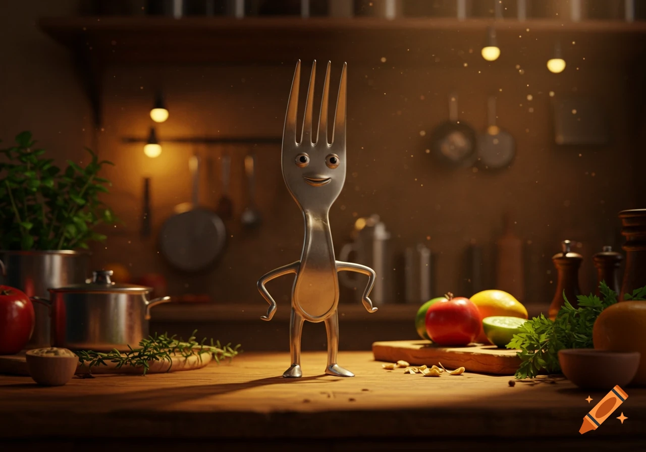 A smiling anthropomorphic silver fork with arms and legs stands on a warm, rustic kitchen counter with food and utensils.