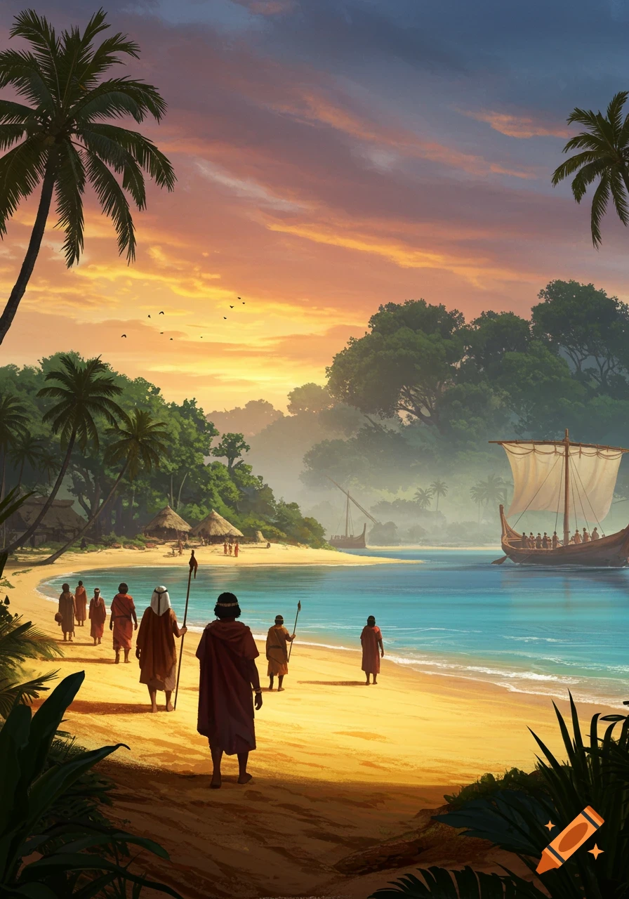 Illustration of an ancient exploration expedition disembarking ships on a tropical African beach at sunset.