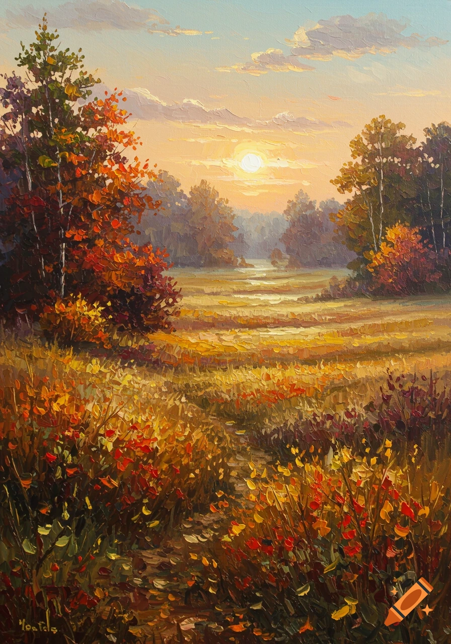 Impressionistic painting of an autumn landscape with trees, a sunlit field, and a bright sun in the sky.