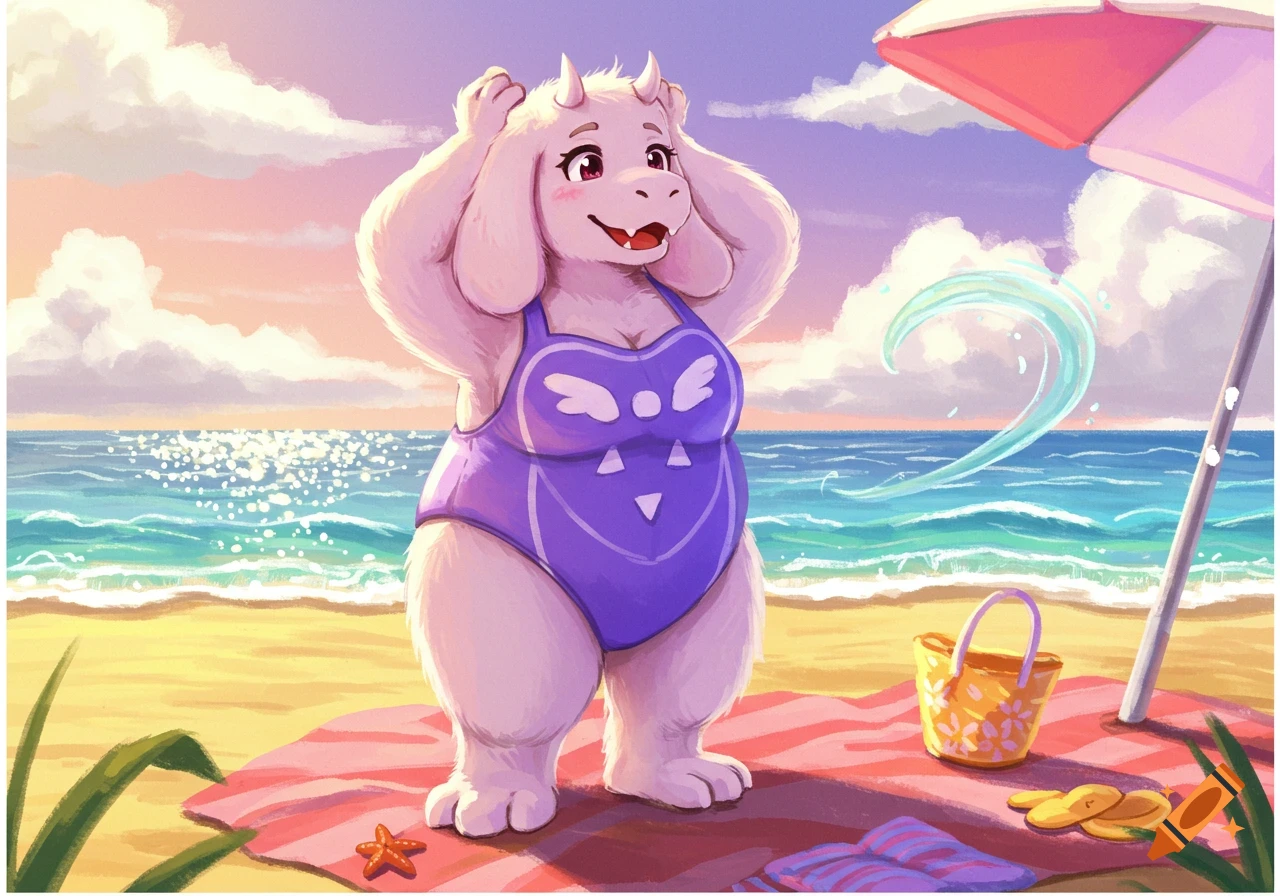 Cartoon Toriel in a purple swimsuit stands on a sunny beach, with the ocean, an umbrella, and a beach towel in the background.