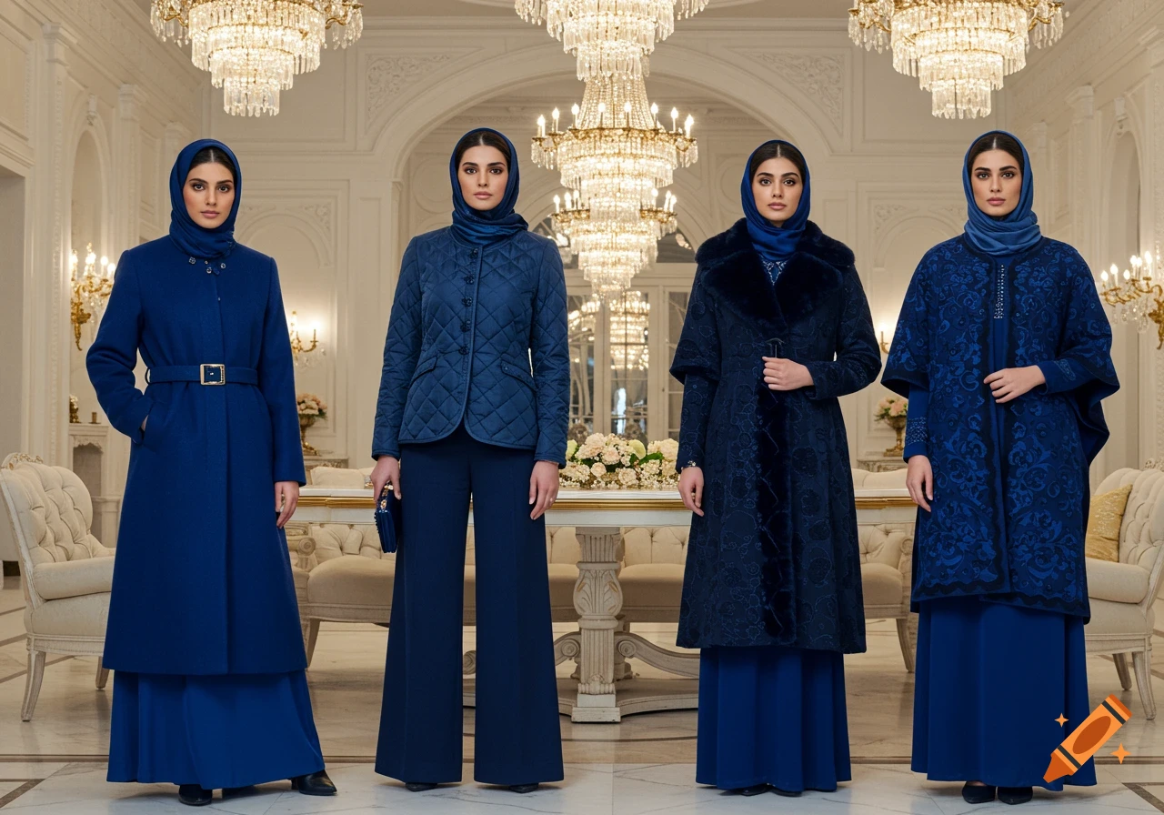 Four elegant Muslim women in various royal blue winter outfits, posing in a luxurious room with chandeliers.