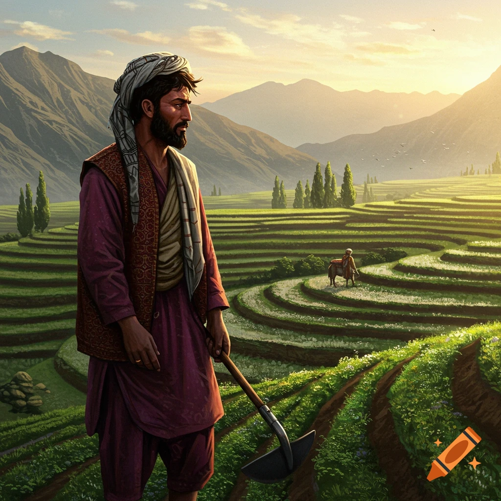 A bearded man in traditional clothing holds a hoe in terraced green fields, with mountains in the distance under a warm sky.