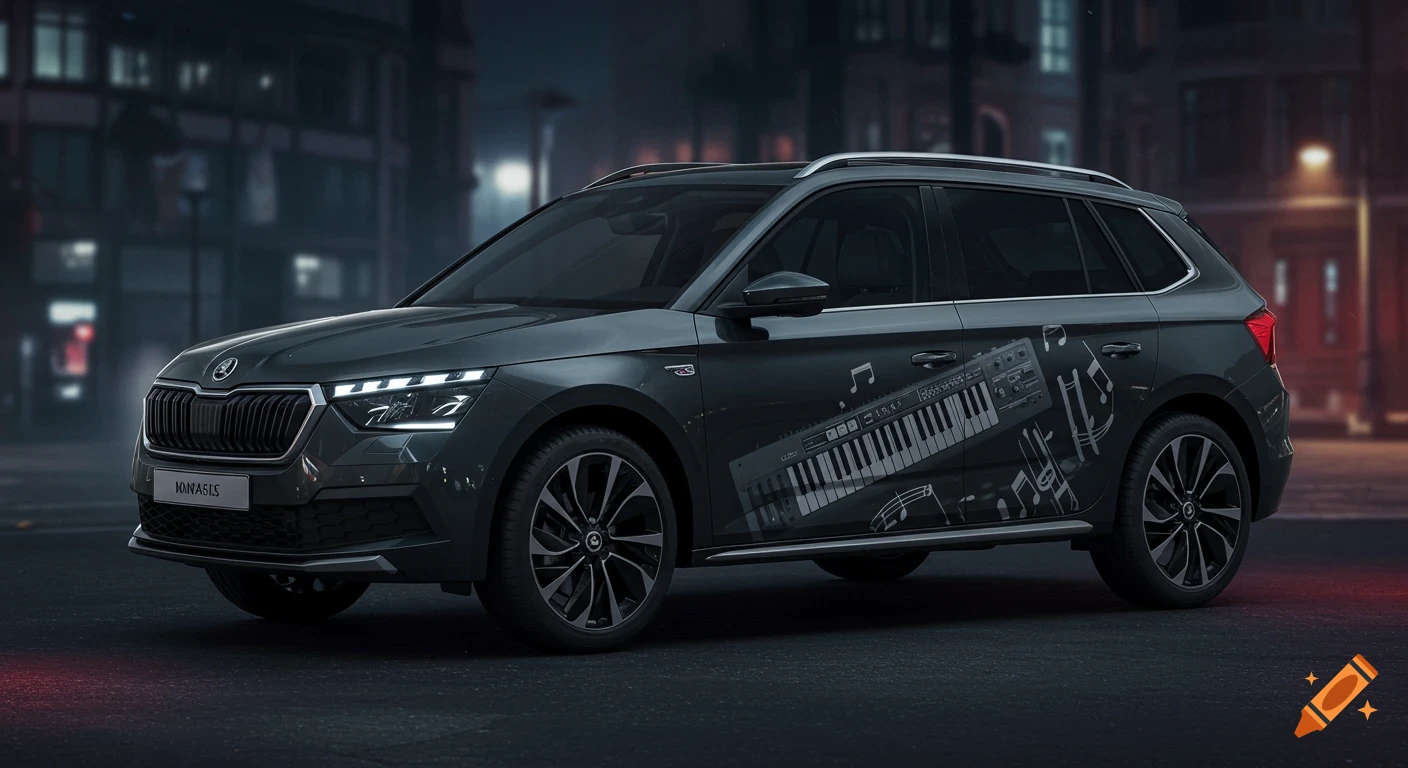 A dark gray Skoda Kamiq SUV with a subtle gray synthesizer and musical notes graphic on the driver's side door, parked on a city street at night.