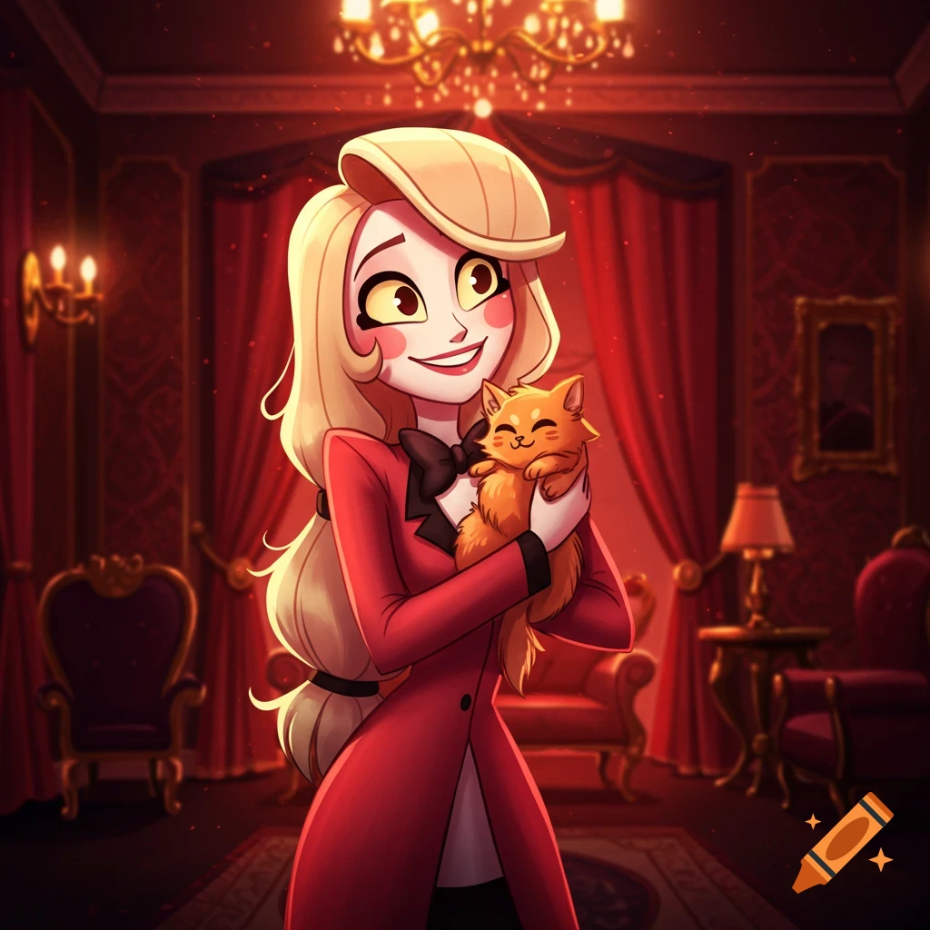 A smiling cartoon woman with blonde hair, dressed in red, holds a small orange kitten in a richly decorated room.