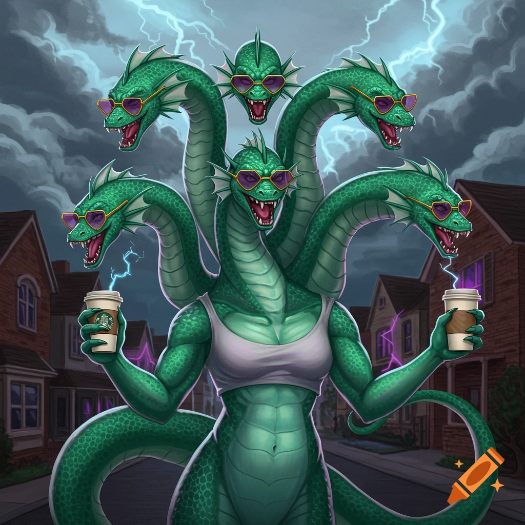 A green hydra with five heads, each wearing purple sunglasses, a white crop top, and holding Starbucks cups with lightning bolts, stands on a suburban street under a stormy sky.