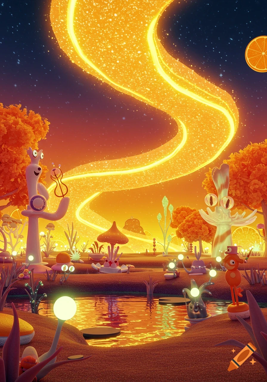 A vibrant, whimsical alien landscape with glowing orange light streams, strange creatures, and a shimmering pond under a starry sky.