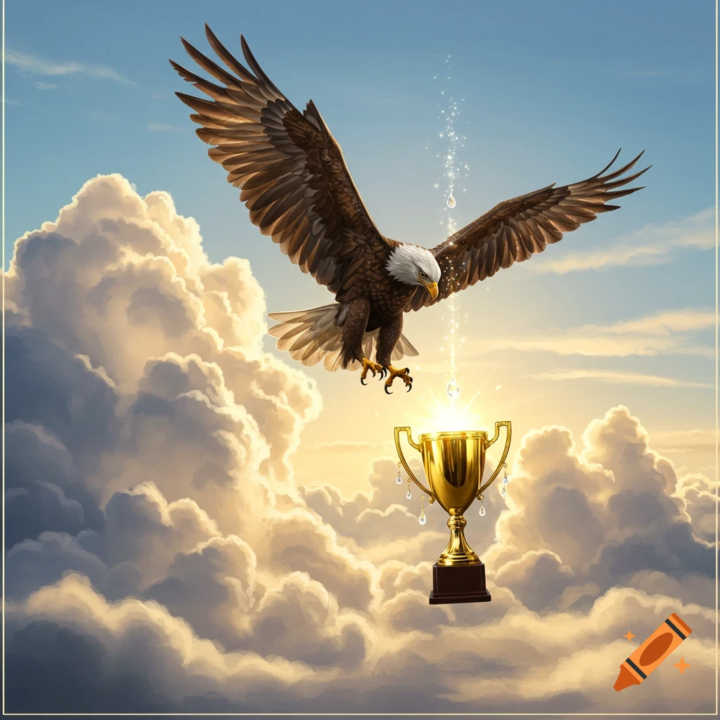 A majestic eagle with wings spread wide soars down towards a glowing golden trophy among sunlit clouds.