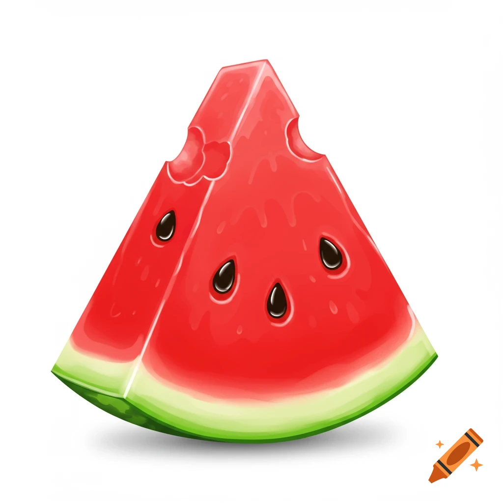 Clipart illustration of a triangular watermelon slice with black seeds and a bite taken out, on a white background.