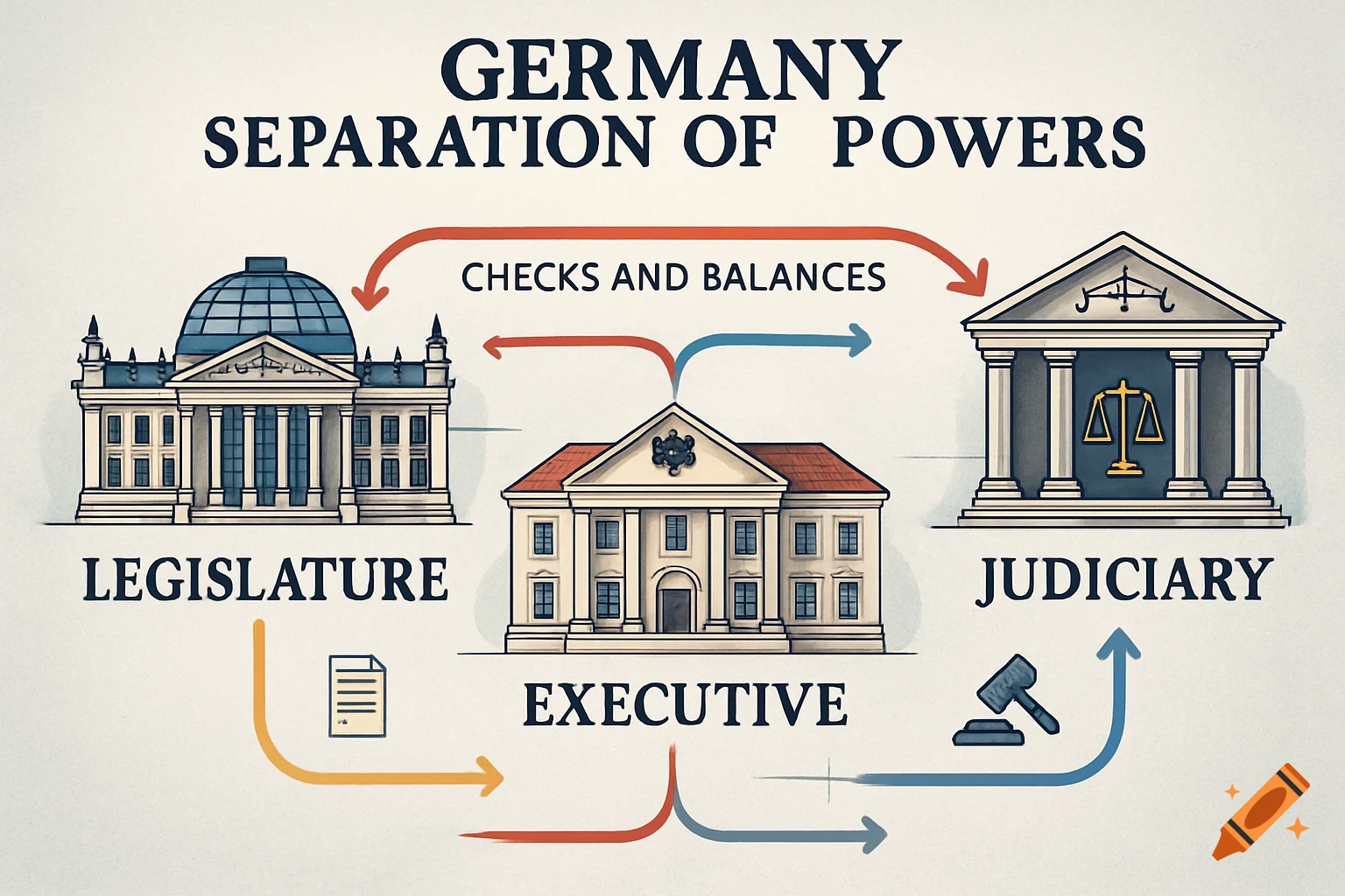 Diagram illustrating Germany's separation of powers, showing Legislature, Executive, and Judiciary with checks and balances arrows.