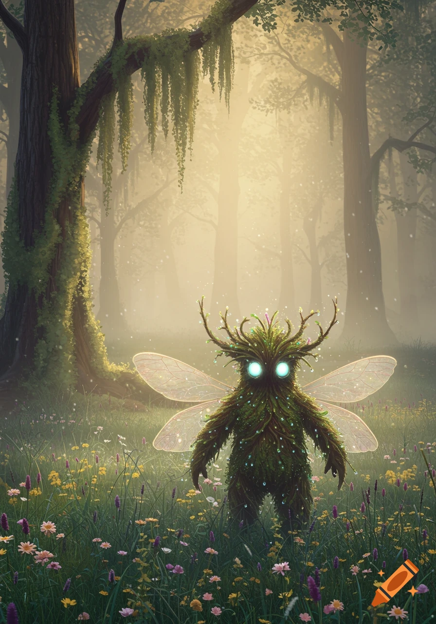 A mossy forest spirit with glowing eyes and delicate wings stands in a sunlit, misty forest amidst wildflowers.