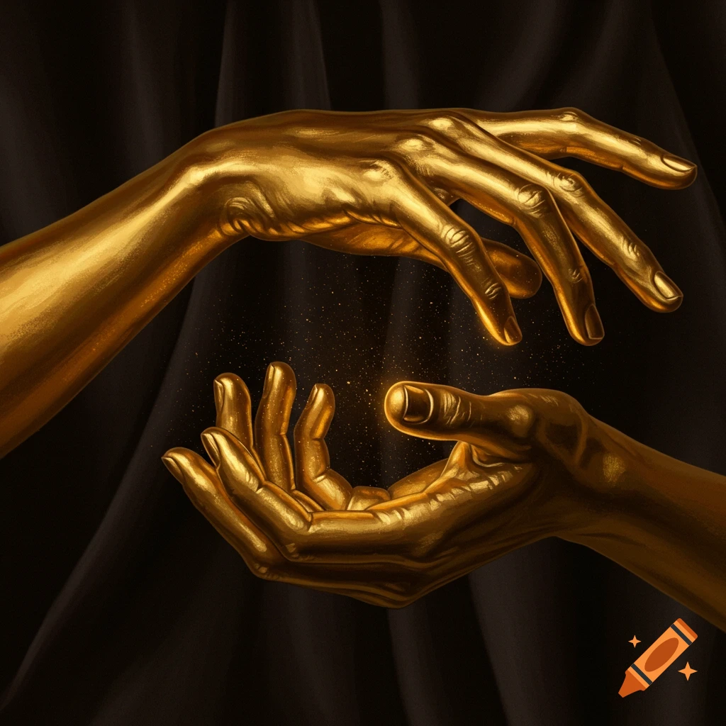 Two golden hands reaching towards each other, with glowing particles between them, against a dark background.