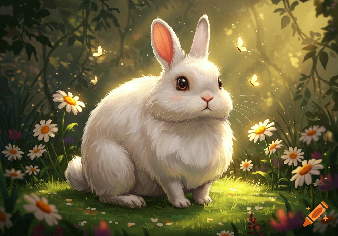 A whimsical illustration of a fluffy white rabbit sitting among white daisies and glowing butterflies in a magical forest.